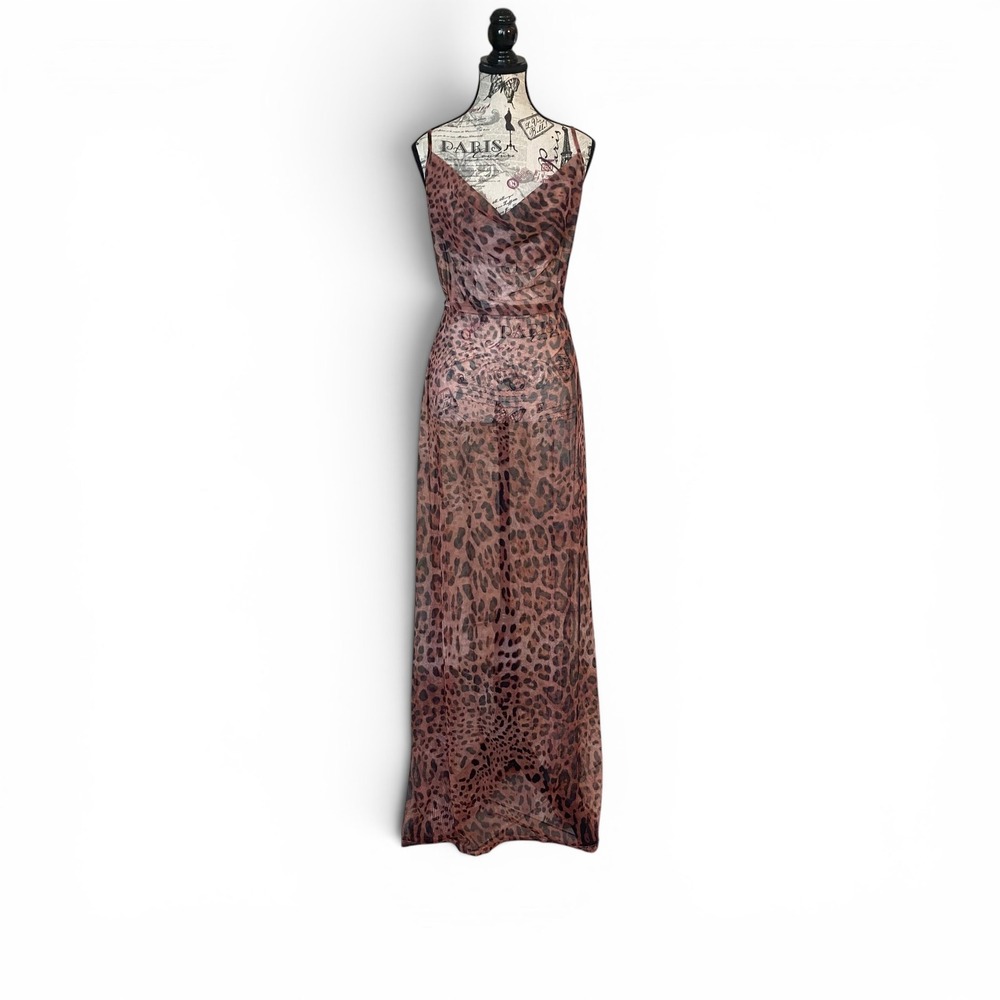 Nova Luxe Maxi Dress Women XL Brown Leopard Sheer Mesh Cowl Neck Open Back